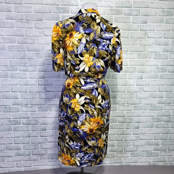 Vintage 80s 90s Cimmaron Dress M Bright Floral Wrap Shirt Dress Spring Garden - Picture 7 of 10